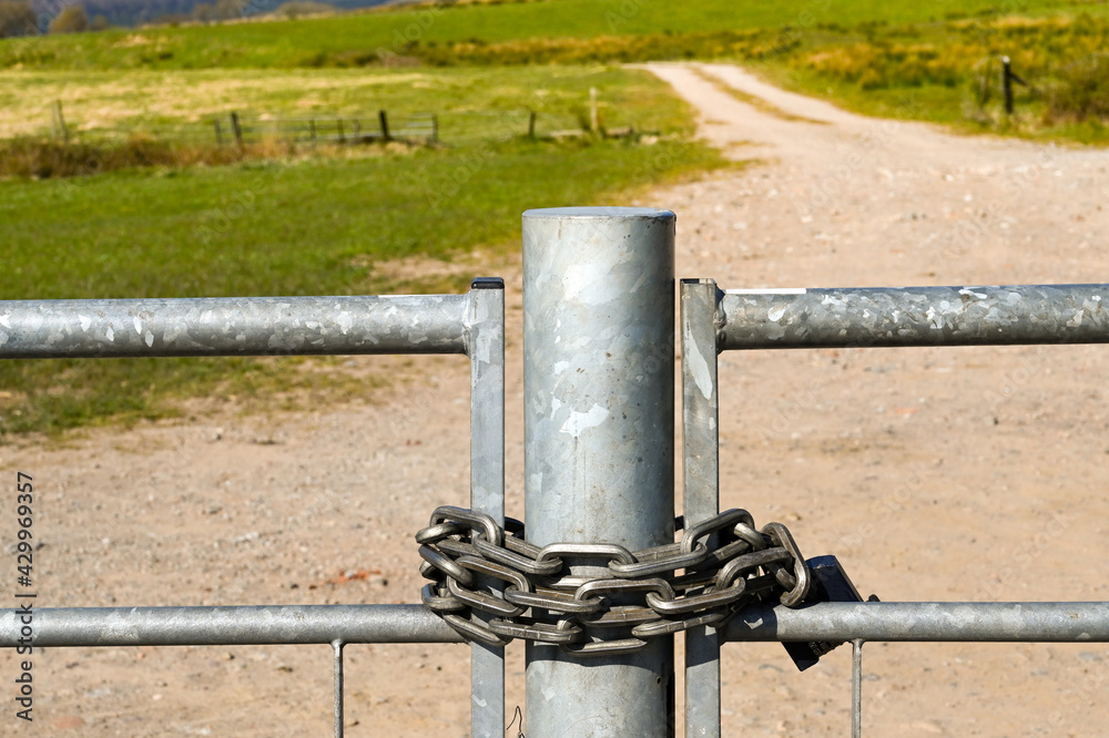 Heavy metal chain and lock around a gate and gatepost. No people. Heavy metal chain and lock around a gate and gatepost. No people.