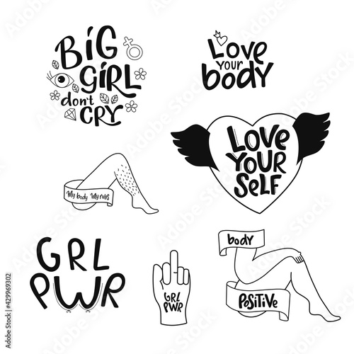 Feminist and girl power handwritten phrase slogan set. Lettering quotes, type, font isolated on white background for gender equality female activist poster, banner. EPS10 photo