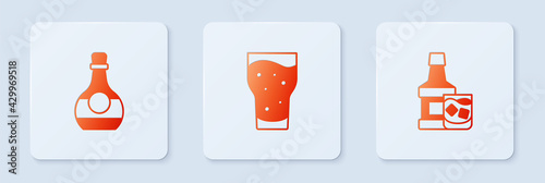 Set Glass of beer, Bottle cognac or brandy and Whiskey bottle glass. White square button. Vector