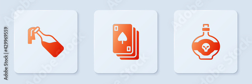 Set Playing cards, Cocktail molotov and Poison bottle. White square button. Vector