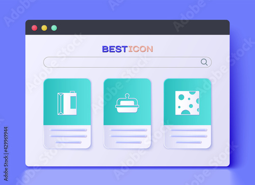 Set Butter in a butter dish, Paper package for kefir and Cheese icon. Vector