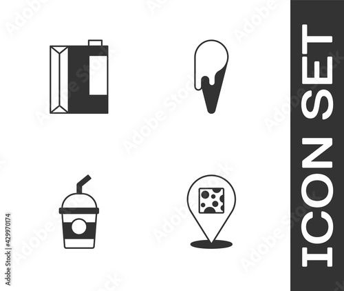 Set Cheese, Paper package for kefir, Milkshake and Ice cream in waffle cone icon. Vector