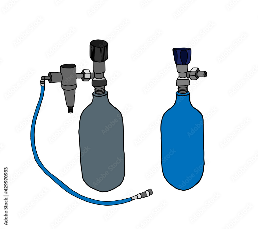 Medical cylinders of blue, gray color with oxygen and nitrous oxide