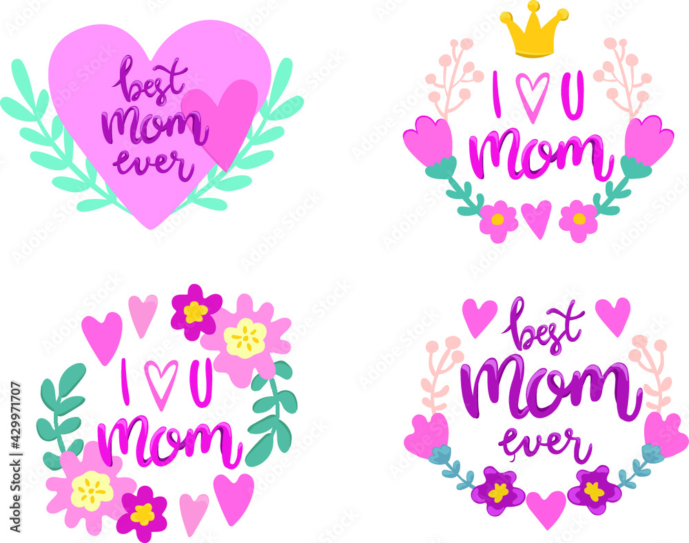 Mothers day. Icon set. Pink and purple colours. Holiday