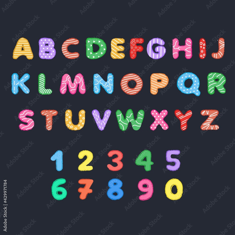 Colorful english alphabet and numbers for kids. Vector illustration