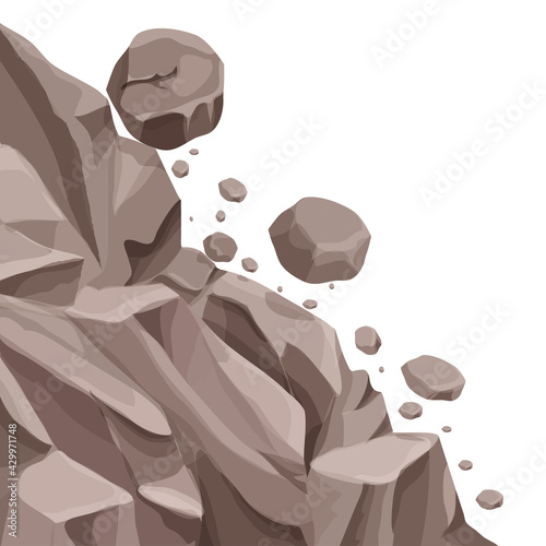 Mountain landslide with falling rocks, stones in cartoon flat style isolated on white background. Natural disaster, danger. Stock vector illustration.