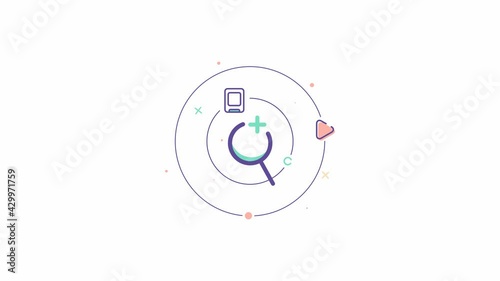 Animated linear magnifier icon with play sign and media file. Searching and creating media concept design animation.