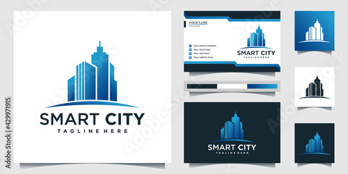 Smart city logo with cool gradient concept, building, real, estate, bussines card for company Premium Vector