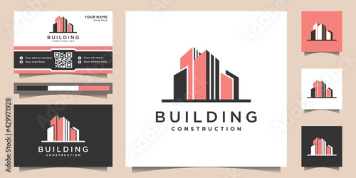 Building logo with premium silhouette vector concept and business card design for company Premium Vektor