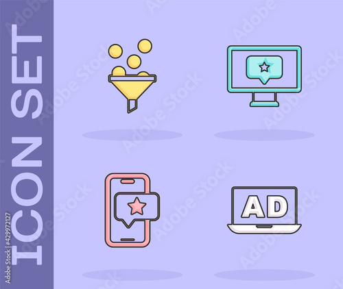 Set Advertising, Lead management, Mobile with review rating and Monitor star icon. Vector