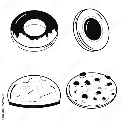 Set of sweet cookies icons. Creative illustration. Black liner sketch. Idea for decors, logo, patterns, papers, covers, gifts, summer and spring holidays, sweet food themes. Isolated vector art. photo