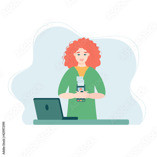 Smiling girl holds a wireless terminal, Modern bank payment device. Pay by card concept. The internet store, online shop, web buying and paying. Cartoon design in vector.


