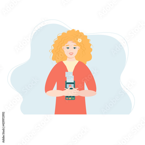 Smiling girl holds a wireless terminal, Modern bank payment device. Pay by card concept. The internet store, online shop, web buying and paying. Cartoon design in vector.



