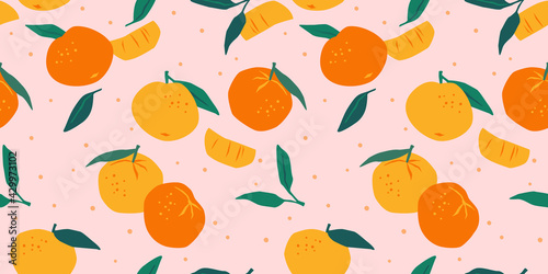 Vector seamless pattern with mandarins. Trendy hand drawn textures. Modern abstract design.