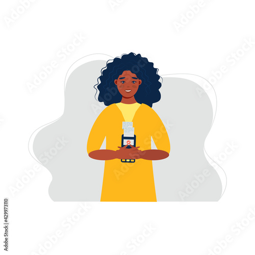 Smiling girl holds a wireless terminal, Modern bank payment device. Pay by card concept. The internet store, online shop, web buying and paying. Cartoon design in vector.


