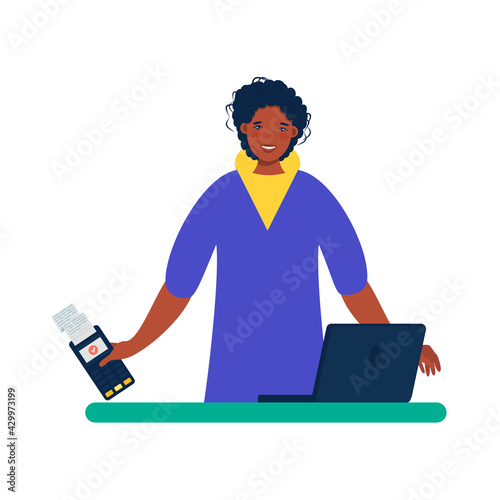 Smiling man holds a wireless terminal, Modern bank payment device. Pay by card concept. The internet store, online shop, web buying and paying. Cartoon design in vector.