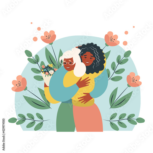 Young girl with her old mother. daugher and mother hug each other. Mothers day concept media. Vector flat design illustration. 
