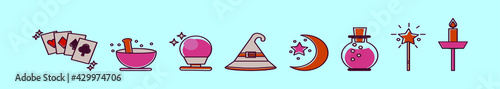 set of magic cartoon icon design template with various models. vector illustration isolated on blue background