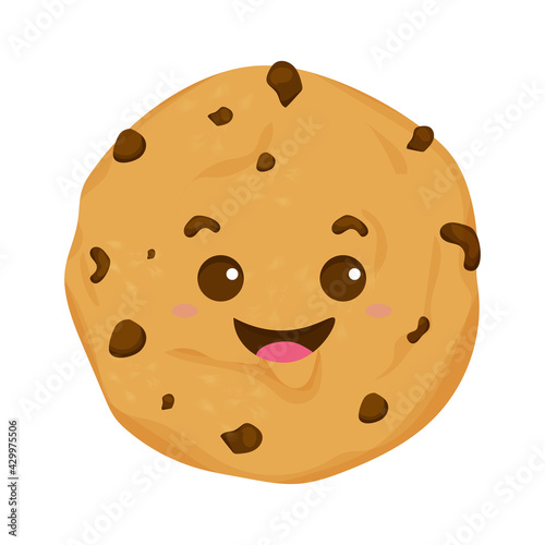 Cute, comic kawaii cookie, emotional character in cartoon style isolated on white background. Dessert with chocolate chips. 