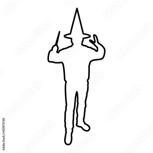 Wizard holds magic wand trick Waving Sorcery concept Magician Sorcerer Fantasy person Warlock man in robe with magical stick Witchcraft in hat mantle Mage conjure Mystery idea Enchantment contour 