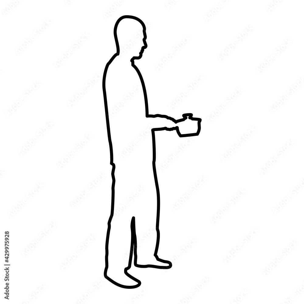 Man with saucepan in his hands preparing food Male cooking use sauciers contour outline black color vector illustration flat style image