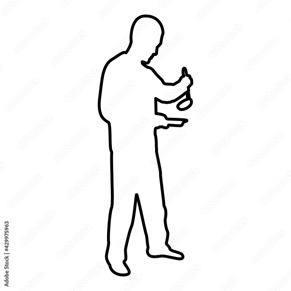 Man with saucepan scoop ladle Kitchen utensil Crack for soup in his hands preparing food Male cooking use sauciers contour outline black color vector illustration flat style image