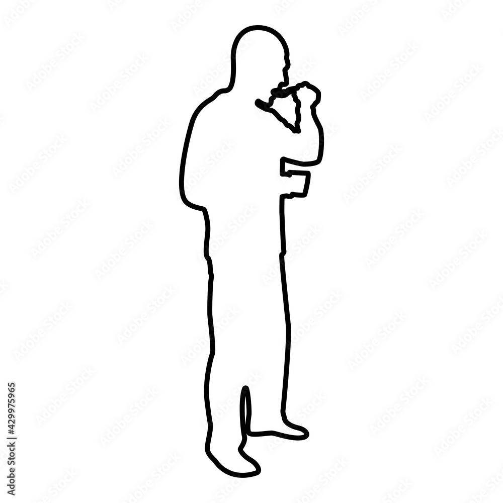 Man trying food from spoon standing Tasting concept Gourmet tries dish Chef trying contour outline black color vector illustration flat style image