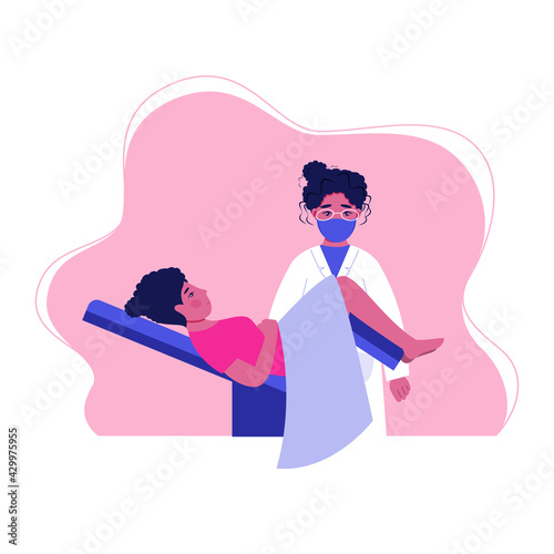 Gynecologist doctor examining woman lying in gynecological chair. Cervix checkup screening appointment. Female visiting gynecologist. Flat vector illustration

