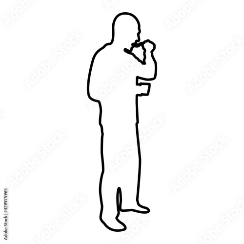 Man trying food from spoon standing Tasting concept Gourmet tries dish Chef trying contour outline black color vector illustration flat style image