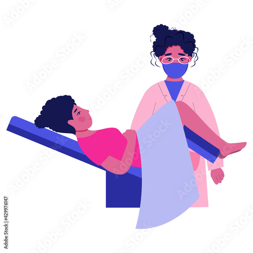 Gynecologist doctor examining woman lying in gynecological chair. Cervix checkup screening appointment. Female visiting gynecologist. Flat vector illustration


