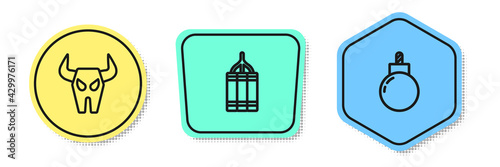 Set line Buffalo skull, Dynamite bomb and Bomb ready to explode. Colored shapes. Vector