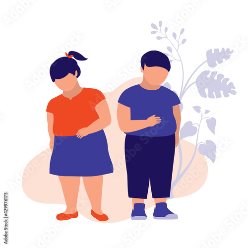 Obesity Children. Health And Body Conscious Concept. Vector Flat Cartoon Illustration. Boy And Girl Overweight.