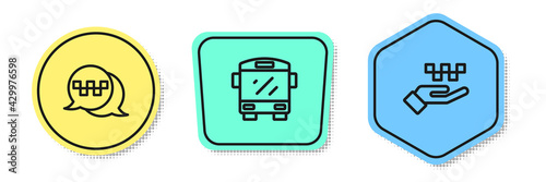 Set line Taxi call telephone service, Bus and Hand with taxi. Colored shapes. Vector