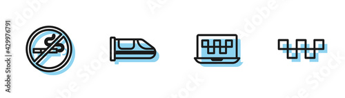 Set line Laptop call taxi service, No Smoking, High-speed train and Taxi car roof icon. Vector