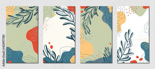 Botanical art. Abstract organic vector shapes, leaves, branch, plants. Set of natural template in doodle style for social media post, cover, poster, stories, background. Modern graphics for business