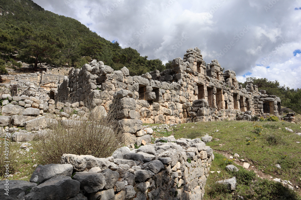 view of the Roman baths (thermae) of Arykanda, Turkey on mountain terrace