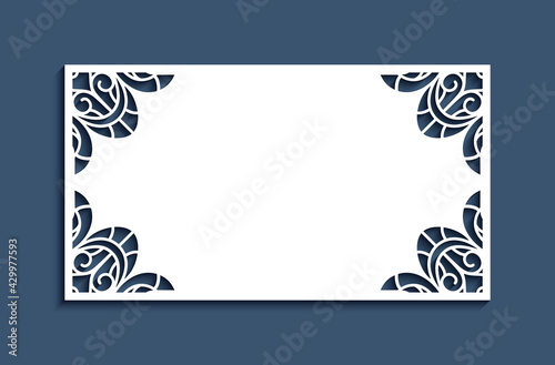 Wedding card with lace corner decoration, stencil template for laser cutting, vintage wedding invitation or place card design, rectangle frame with paper cut decor