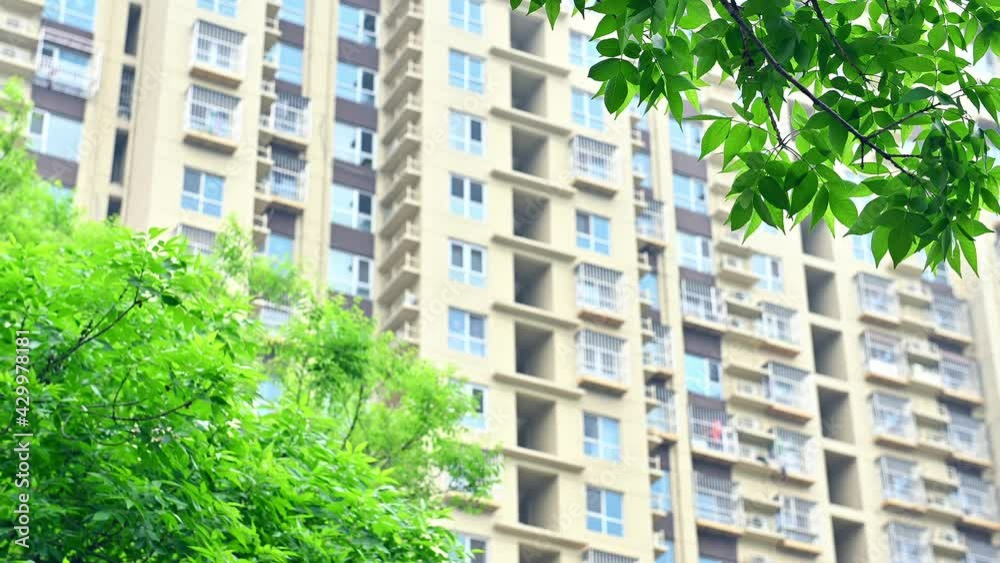 Low-angle shot, high-rise residential buildings with green leaves in foreground