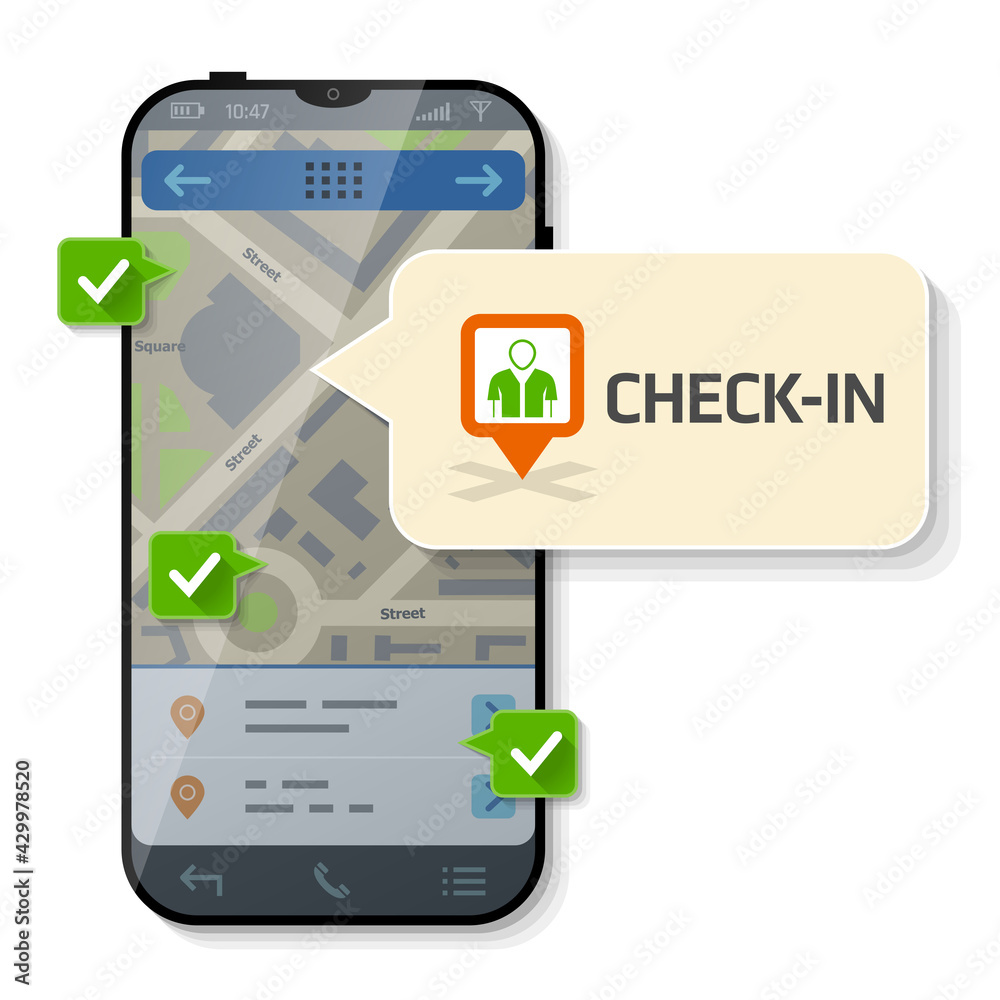 Smartphone with message bubble about check-in. Dialog box pop up over screen of phone. Vector illustration about smartphone, check-in, mobile technology, social networking, gps location, etc Smartphone with message bubble about check-in. Dialog box pop up over screen of phone. Vector illustration about smartphone, check-in, mobile technology, social networking, gps location, etc