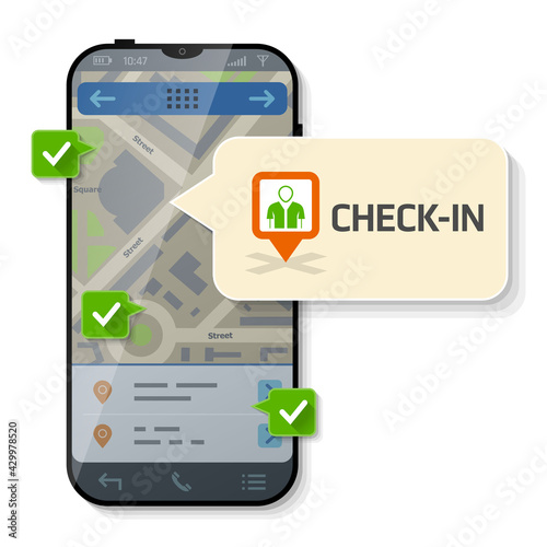 Smartphone with message bubble about check-in. Dialog box pop up over screen of phone. Vector illustration about smartphone, check-in, mobile technology, social networking, gps location, etc