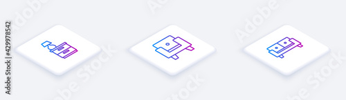 Set Isometric line Furniture nightstand with lamp, Armchair and Sofa. White square button. Vector