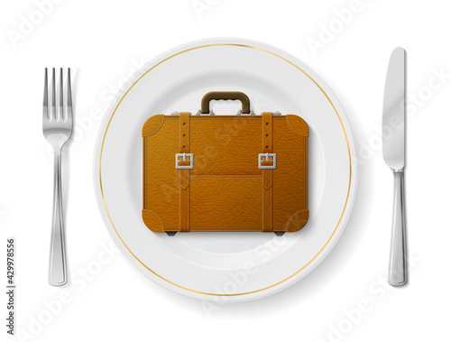 Suitcase is on white plate with fork and knife, top view. Dinner plate with travel bag inside and cutlery set on sides. Vector image about travel, luggage, tourism, accessory, vacation, baggage, trip