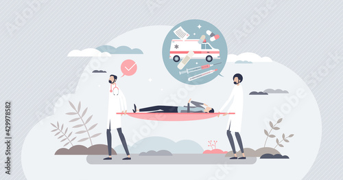First aid and medical emergency ambulance with doctors tiny person concept. Injured patient and rescue team with medicine stretchers vector illustration. Healthcare professional rush to save lives.