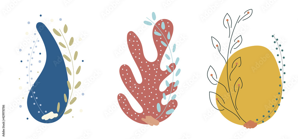 Set of hand drawn organic shapes tropical leaves isolated on white background