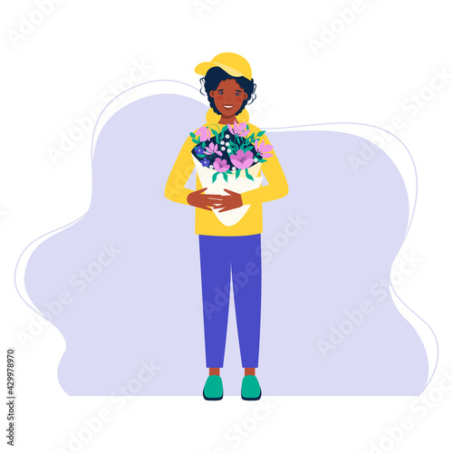 Smiling courier boy holding flowers bouquet. Flowers delivery service. Flat vector illustration 