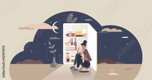 Fototapeta Eating at night as unhealthy food hunger habit after midnight tiny person concept