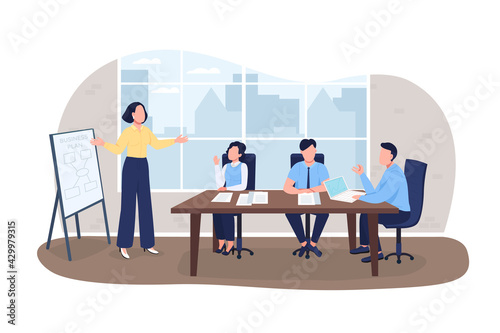 Business planning 2D vector web banner, poster. Businesspeople flat characters on cartoon background. Seminar on marketing. Professional workshop printable patch, colorful web element