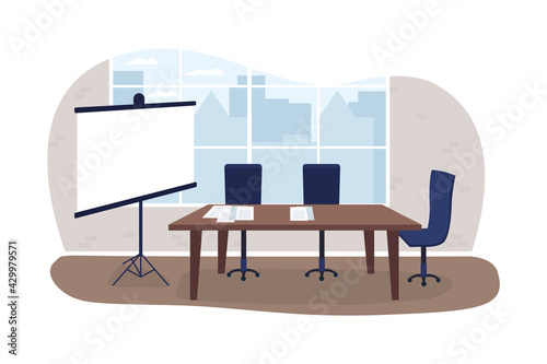 Business presentation 2D vector web banner, poster. Showing report on project screen. Marketing planning flat scene on cartoon background. Corporate interior printable patch, colorful web element