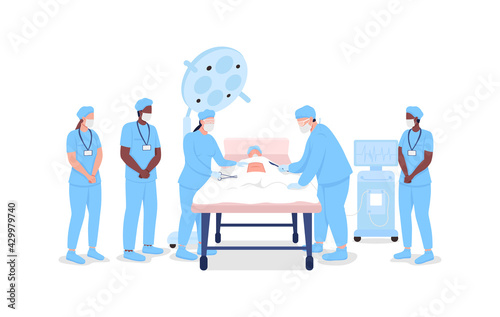Medical interns watching professional surgeons at procedure flat color vector faceless characters. Medical training isolated cartoon illustration for web graphic design and animation