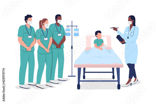 Medical interns during professional training flat color vector faceless characters. Hospital treatment. Healthcare specialists isolated cartoon illustration for web graphic design and animation